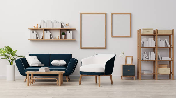 istock Interior poster mock up living room with colorful white sofa . 3D rendering. 1245728283