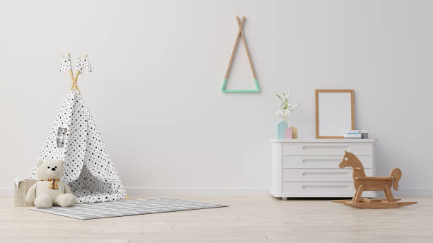istock Interior poster mock up living room with colorful white sofa . 3D rendering. 1245731020
