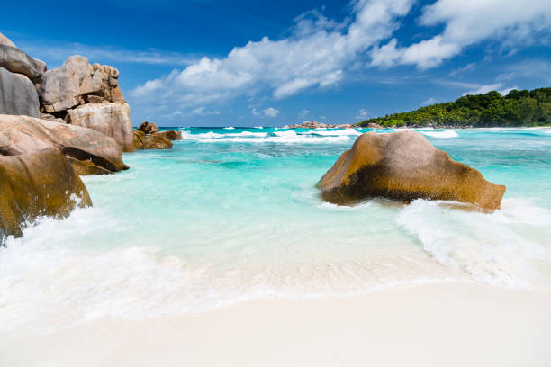 istock Boulders And White Beach, La Digue, Seychelles 1245731555