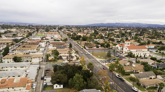 Aerial view of the downtown area of Downey, California.