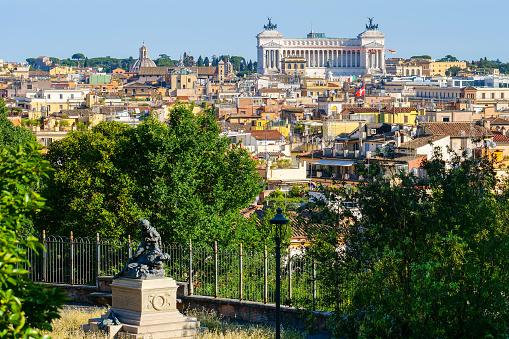 Rome, Italy -- A panoramic view of the historic center of Rome from the Pincio terrace and Villa Borghese. In the background stands the outline of the Vittoriano and the Altare della Patria, the Italian national monument in Piazza Venezia. Imagen in High Definition format.