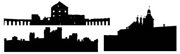 Vector illustration of Silhouettes of Nesvizh castle, Kosava castle and Ruzhany palace in Belarus, set. Vector illustration