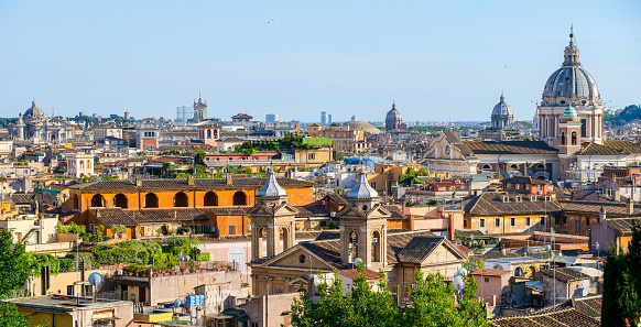 Rome, Italy -- A deep and clear panoramic view of the historic center of Rome from the Pincio terrace and Villa Borghese. Imagen in High Definition format.