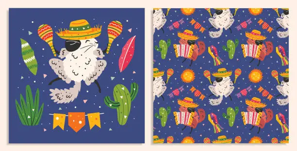 Vector illustration of Mexico holiday. Little cute chinchillas in sombrero with maracas, accordion,  cactus, sun and flags. Mexican party. Latin America. Flat colourful vector seamless pattern, background. Card making.