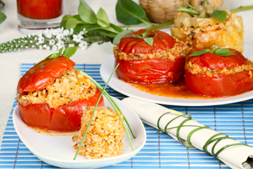 Tomatoes stuffed with rice and herbs. Yemistes is one of the most popular dishes in Greece.