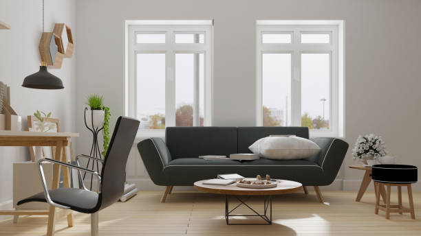 istock Interior poster mock up living room with colorful white sofa . 3D rendering. 1245787649