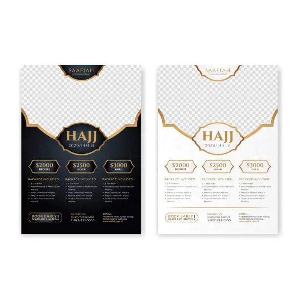 Vector illustration of Luxury islamic black & white background design with gold wave element for hajj or umrah flyer template