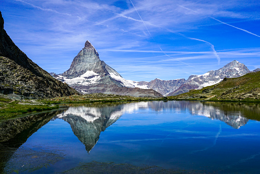 Beautiful reflection of the Mattarhorn in the small lake Riffelsee