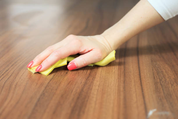 istock Young woman hand cleaning modern wood table by dust cloth (color toned image) 1245794964