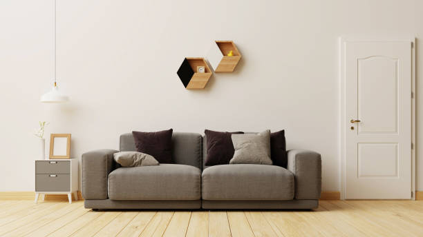 istock Interior poster mock up living room with colorful white sofa . 3D rendering. 1245797300