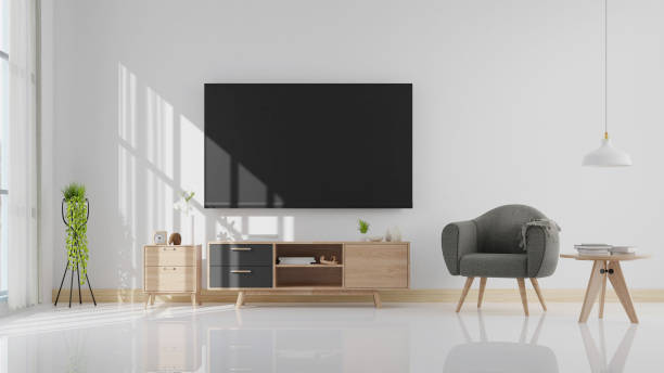 istock Interior poster mock up living room with colorful white sofa . 3D rendering. 1245797301
