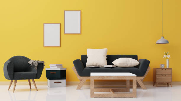 istock Interior poster mock up living room with colorful white sofa . 3D rendering. 1245797866