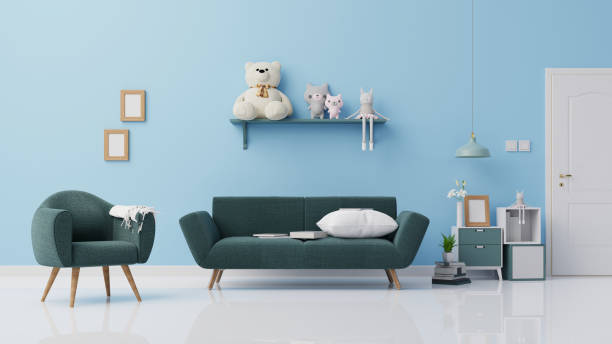 istock Interior poster mock up living room with colorful white sofa . 3D rendering. 1245798413