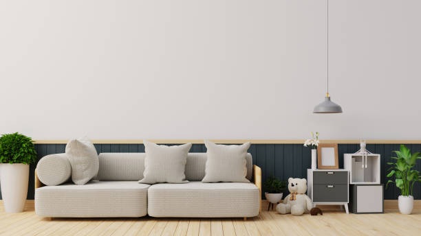 istock Interior poster mock up living room with colorful white sofa . 3D rendering. 1245798935