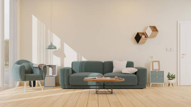istock Interior poster mock up living room with colorful white sofa . 3D rendering. 1245798948