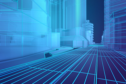 Sci-Fi wireframe city. 3D Rendering