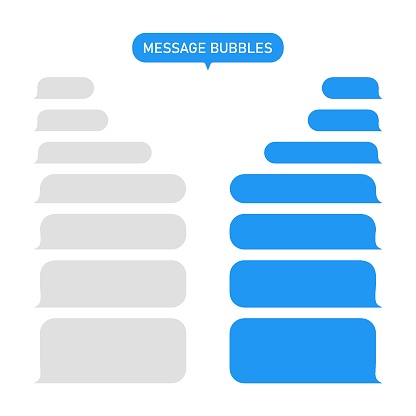 Message bubble for text. Chat or messenger in phone. Box for sms and speech. Interface for social app-talk. Blue and gray template for conversation. Service, background of dialog in mobile. Vector.