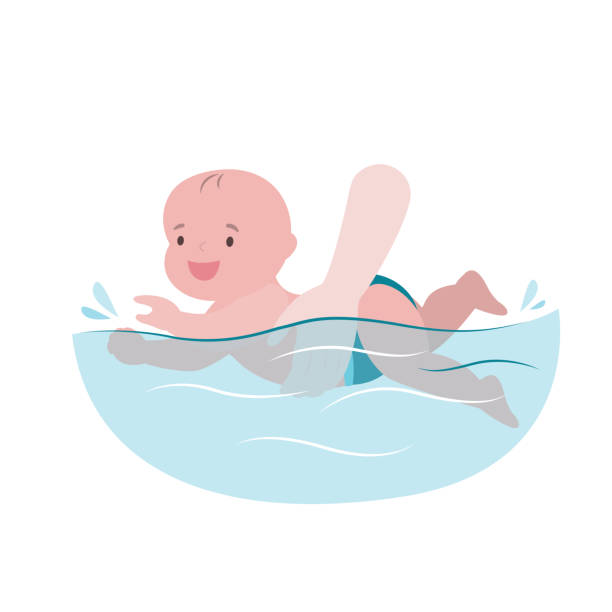 bildbanksillustrationer, clip art samt tecknat material och ikoner med cartoon spädbarn simma på en vit bakgrund. handhållande liten barnsimmare i poolen, - baby swim under water