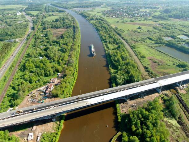 istock Beautiful panoramic landscape from high altitude cargo commercial ship sails down river surrounded by green forest in summer with sunny day 1245808651