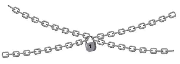 Vector illustration of Padlock and chains isolated on white background. Concept of protection of information, property, inaccessibility. Symbol security design. Vector isolated illustration