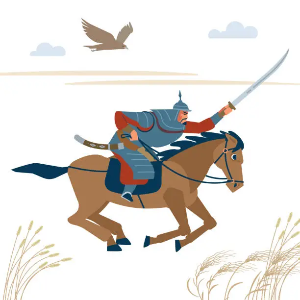 Vector illustration of Central Asian warrior horseman, attack in battle. Isolated vector illustration in flat cartoon style