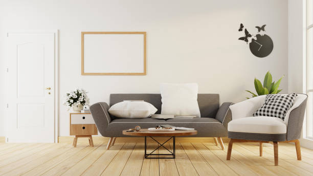 istock Interior poster mock up living room with colorful white sofa . 3D rendering. 1245815712