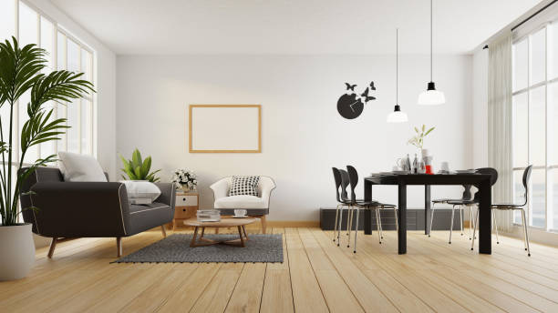 istock Interior poster mock up living room with colorful white sofa . 3D rendering. 1245815724