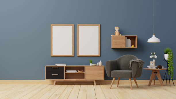 istock Interior poster mock up living room with colorful white sofa . 3D rendering. 1245816234