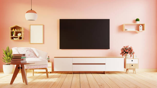 istock Interior poster mock up living room with colorful white sofa . 3D rendering. 1245816235