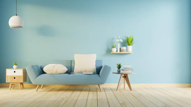 istock Interior poster mock up living room with colorful white sofa . 3D rendering. 1245816240