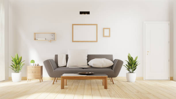 istock Interior poster mock up living room with colorful white sofa . 3D rendering. 1245816250