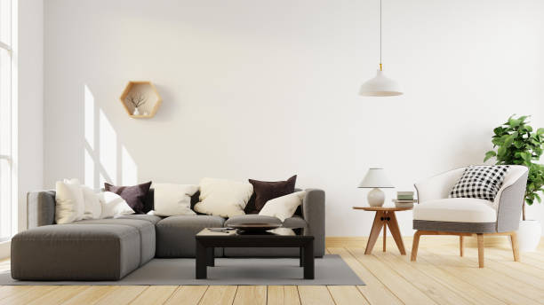 istock Interior poster mock up living room with colorful white sofa . 3D rendering. 1245816813
