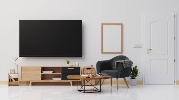 istock Interior poster mock up living room with colorful white sofa . 3D rendering. 1245816834