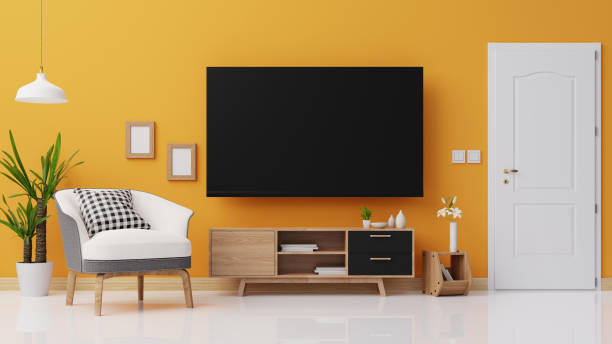 istock Interior poster mock up living room with colorful white sofa . 3D rendering. 1245817352