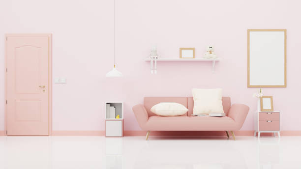 istock Interior poster mock up living room with colorful white sofa . 3D rendering. 1245817371