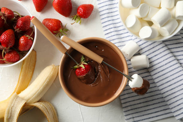 istock Composition with strawberry and marshmallow in chocolate, top view. Chocolate fondue 1245825165