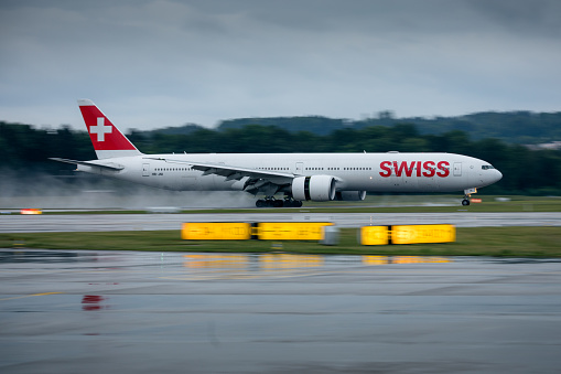 Zurich, Switzerland - June 4, 2020: A Swiss Boeing 777 passenger aircraft now transporting cargo in the coronavirus crisis.