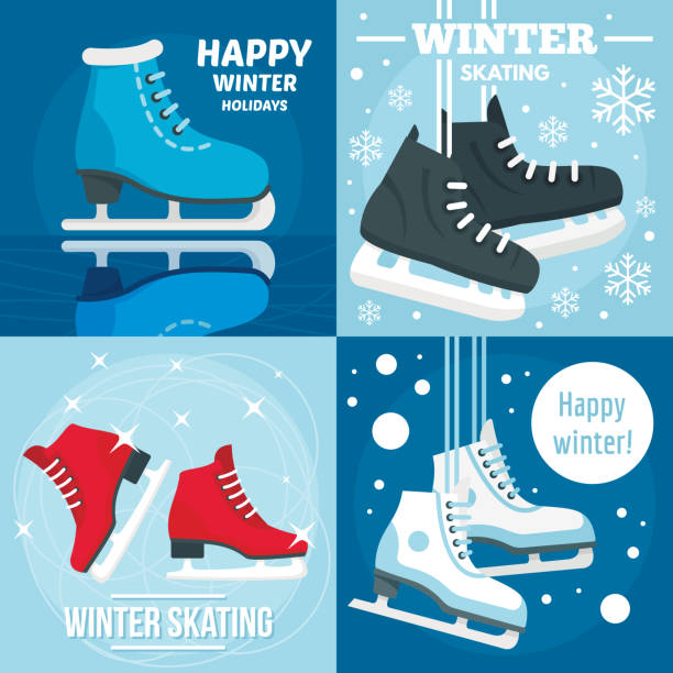 illustrazioni stock, clip art, cartoni animati e icone di tendenza di set striscioni di pattinaggio invernale per le vacanze, stile piatto - ice skates