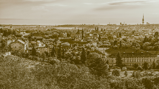 City skyline of Prague. General view of the city. Contrast sepia.