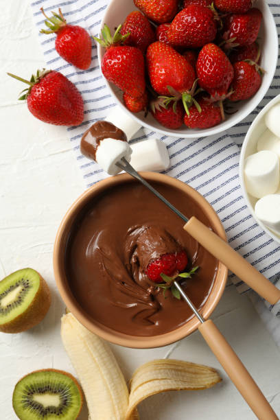 istock Composition with strawberry and marshmallow in chocolate, top view. Chocolate fondue 1245840004