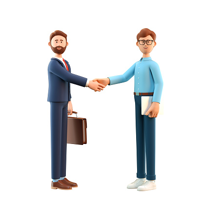 3D illustration of business handshake. Cute cartoon smiling man with laptop and bearded businessman with briefcase standing and shaking hands. Successful agreement, deal concept.