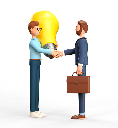 3D illustration of startup concept. Man with huge bulb and businessman shaking hands. Business investments search and creating new innovation ideas.