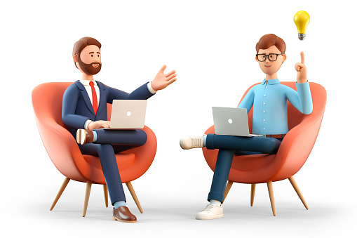 istock Ilustración 3D del concepto de startup y acuerdo de negocio. Dos hombres con ordenadores portátiles, sentados en sillones y creando nuevas ideas de innovación. Hombre de dibujos animados con bulbo e inversionista hombre de negocios. 1245847874
