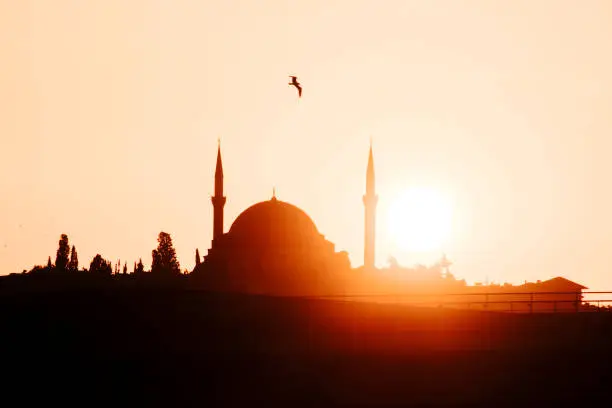 Photo of Background image of tuskish mosque in orange background. Blank space image creative perspective. Istanbul night.Turkey.