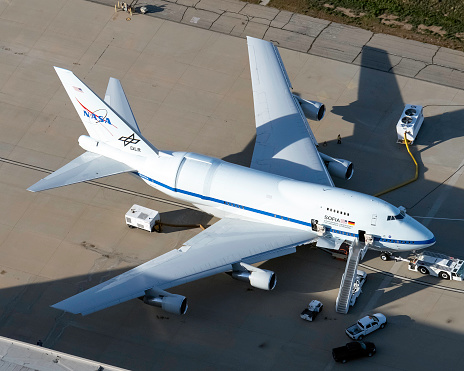United States of America, California: SOFIA, NASA's Boeing 747SP-21 for Stratospheric Observatory for Infrared Astronomy, parked at Palmdale Regional Airport