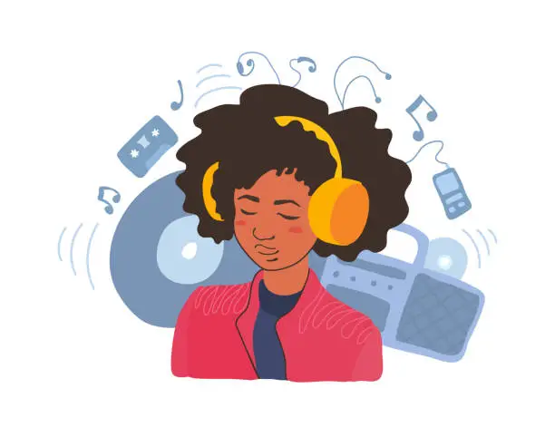 Vector illustration of A cute cheerful teenage girl with afro hairstyle enjoying listen to music. An African-American young adult woman with headphones.