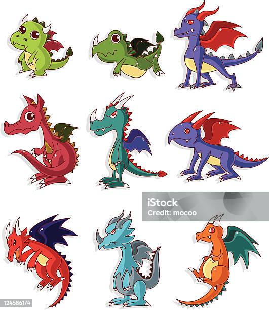 Ilustración de Dragon Conjunto De Iconos De Dibujos Animados De Incendios y más Vectores Libres de Derechos de Ala de animal