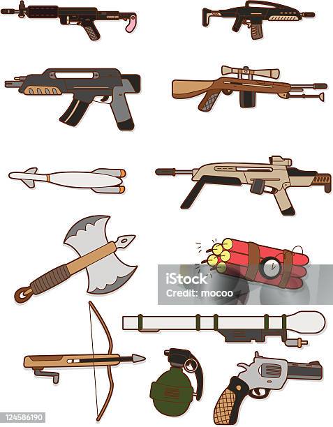 Ilustración de Arma Conjunto De Iconos De Dibujos Animados y más Vectores Libres de Derechos de Silenciador - Silenciador, Arma, Arma de mano