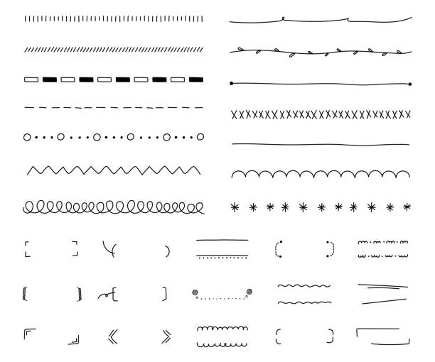 illustrazioni stock, clip art, cartoni animati e icone di tendenza di raccolta di bordi e divisori disegnati a mano - divider single line striped ornate