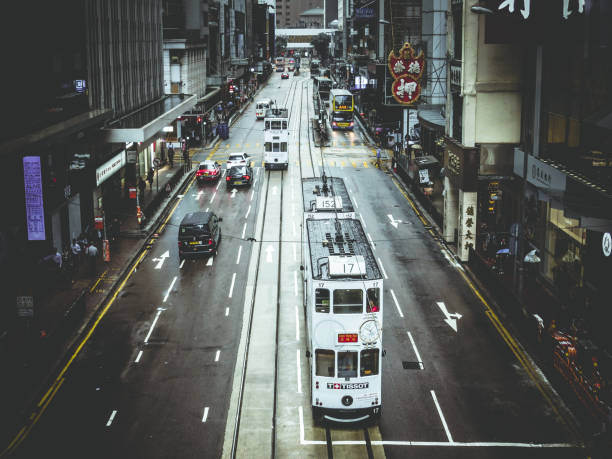 Hong Kong, Hong Kong - 11 30 2017: Hong Kong downtown street business district tramway.